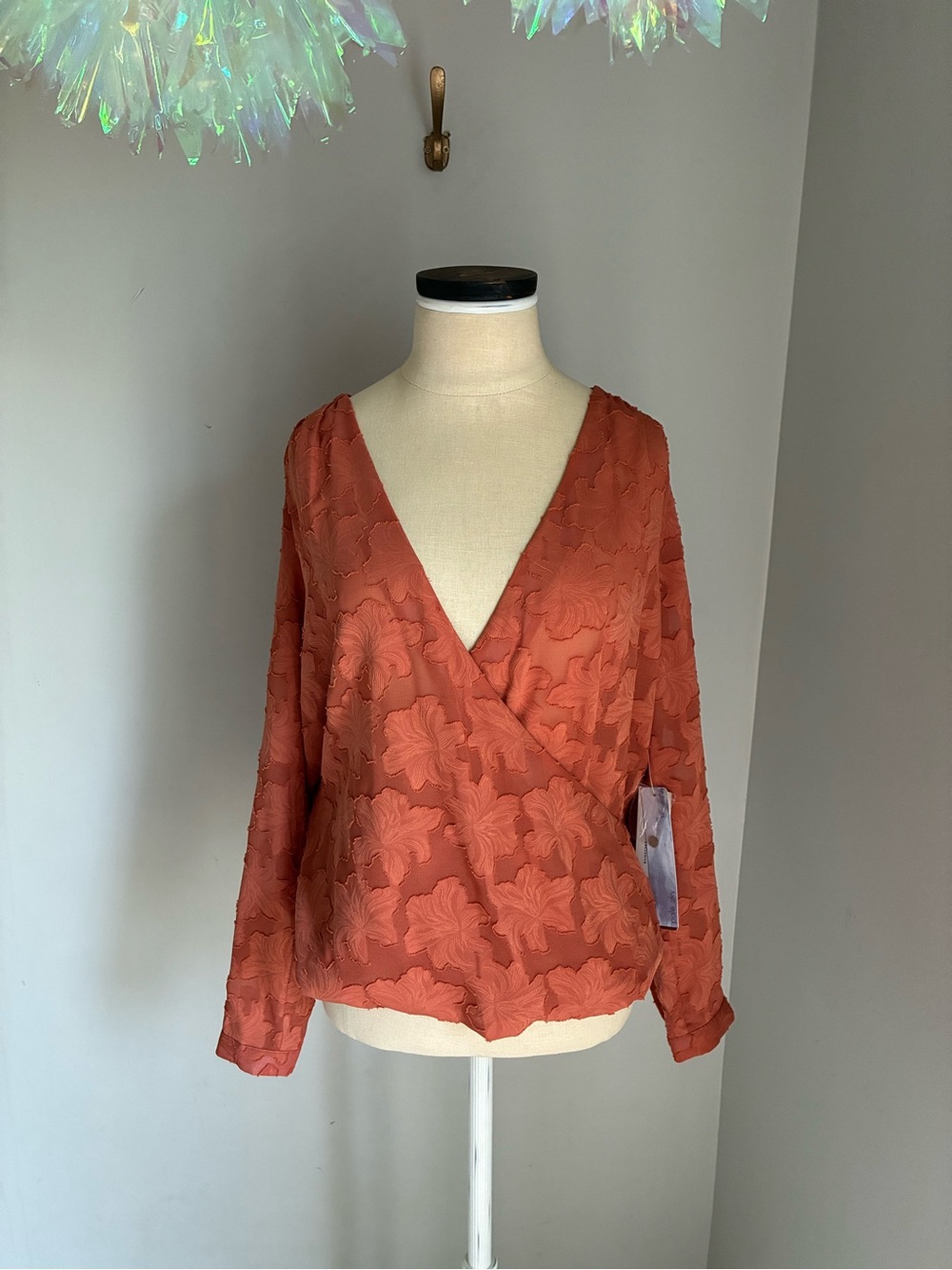 Pale Sky Semi Sheer Floral Blouse Long Sleeve Top Size Medium